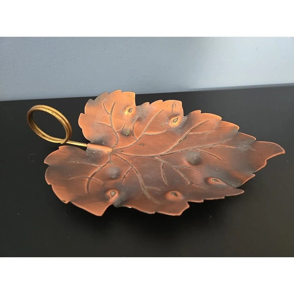 Copper Oak Leaf Bowl Trinket KEYS candy Coppercraft Guild USA Brass Ring Handle‎